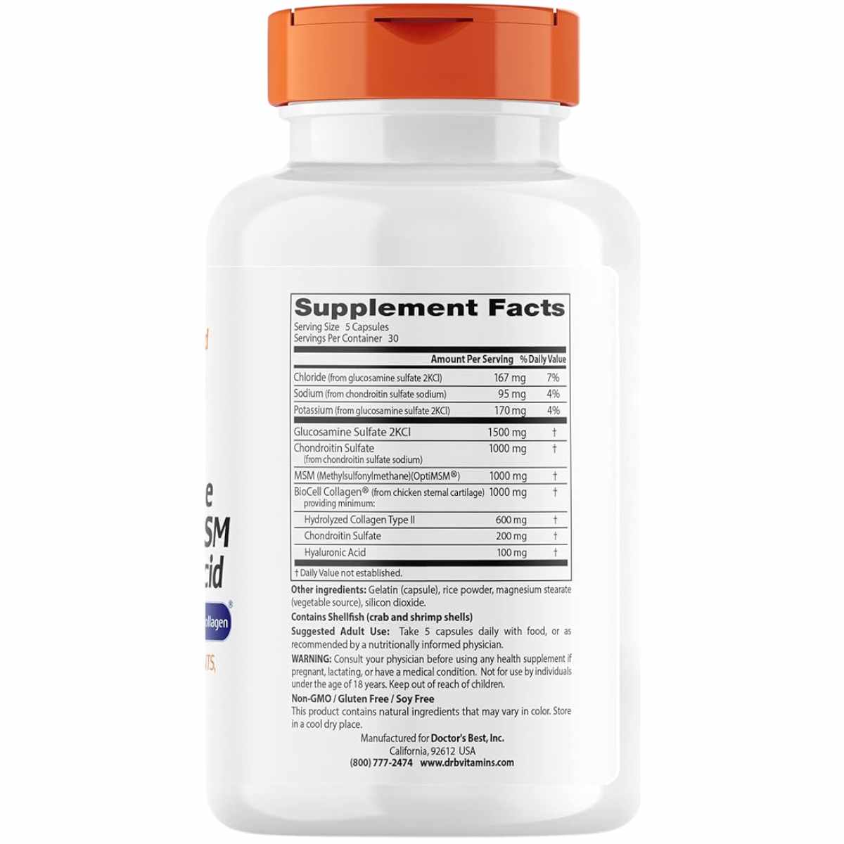 Doctor’s Best Glucosamina Condroitina MSM + Ácido Hialurónico  - 150 Cápsulas - Tabla Nutricional - Haz Tu Pedido