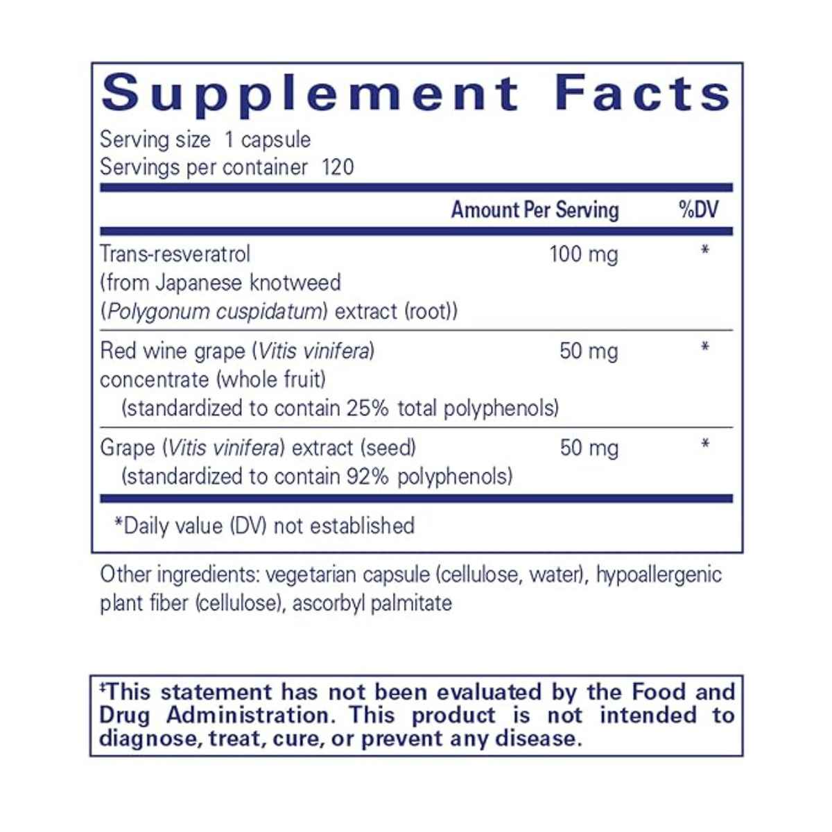 Pure Encapsulations Resveratrol Extra - Sabor Uva - 120 Cápsulas - Tabla Nutricional - Haz Tu Pedido