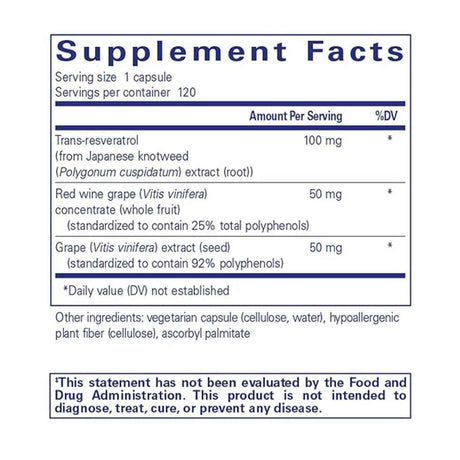 Pure Encapsulations Resveratrol Extra - Sabor Uva - 120 Cápsulas - Tabla Nutricional - Haz Tu Pedido