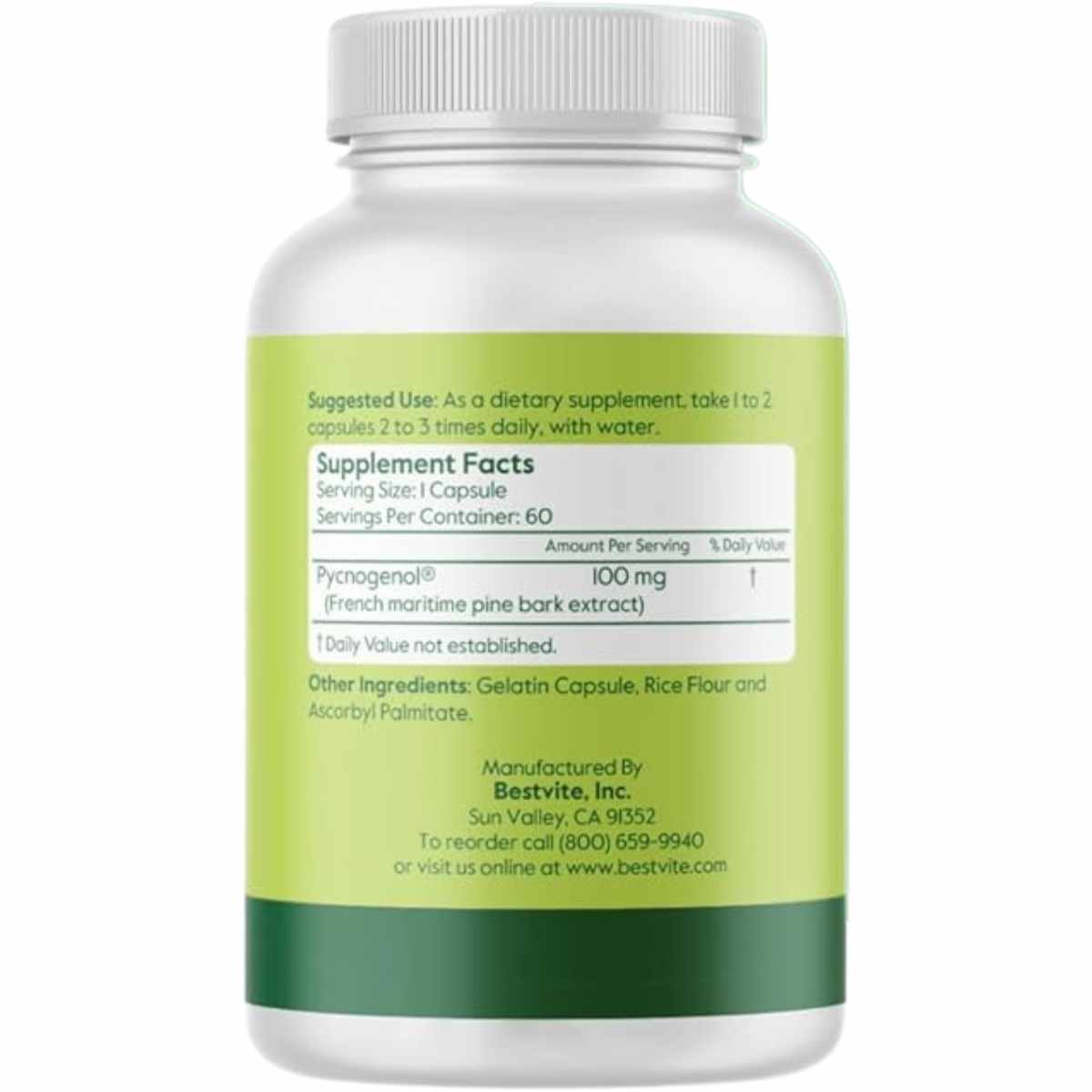  Bestvite Pycnogenol  100 mg - 60  Cápsulas - Tabla Nutricional - Haz Tu Pedido