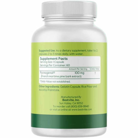  Bestvite Pycnogenol  100 mg - 60  Cápsulas - Tabla Nutricional - Haz Tu Pedido