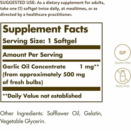 Solgar  Perlas de Aceite de Ajo - 250  Cápsulas Blandas - Tabla Nutricional - Haz Tu Pedido