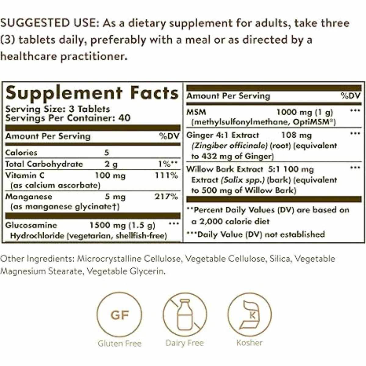 Solgar Complejo de Glucosamina MSM - 120  Tabletas - Tabla Nutricional - Haz Tu Pedido