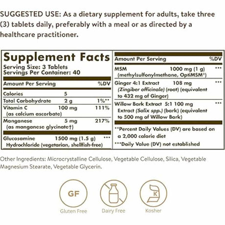 Solgar Complejo de Glucosamina MSM - 120  Tabletas - Tabla Nutricional - Haz Tu Pedido
