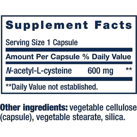 Life Extension N-Acetil L-Cisteína 600 mg - 60 Cápsulas - Tabla Nutricional - Haz Tu Pedido