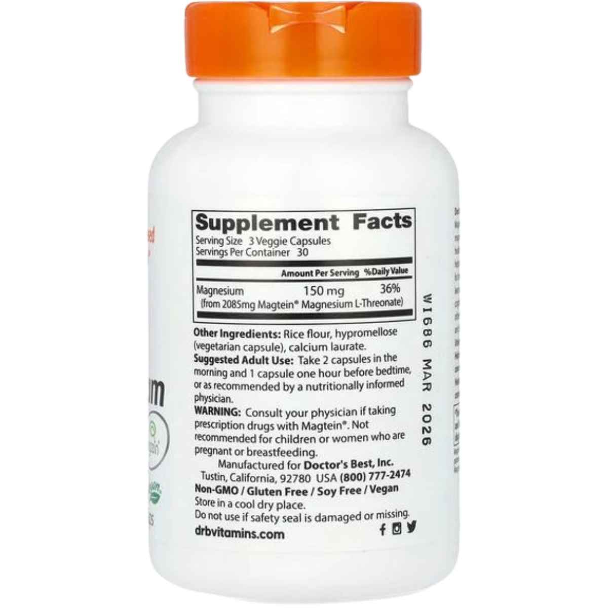 Doctor's Best Magtein Magnesio Cerebral - 90 Cápsulas Vegetales - Tabla Nutricional - Haz Tu Pedido