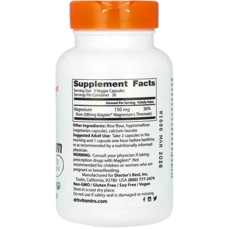 Doctor's Best Magtein Magnesio Cerebral - 90 Cápsulas Vegetales - Tabla Nutricional - Haz Tu Pedido