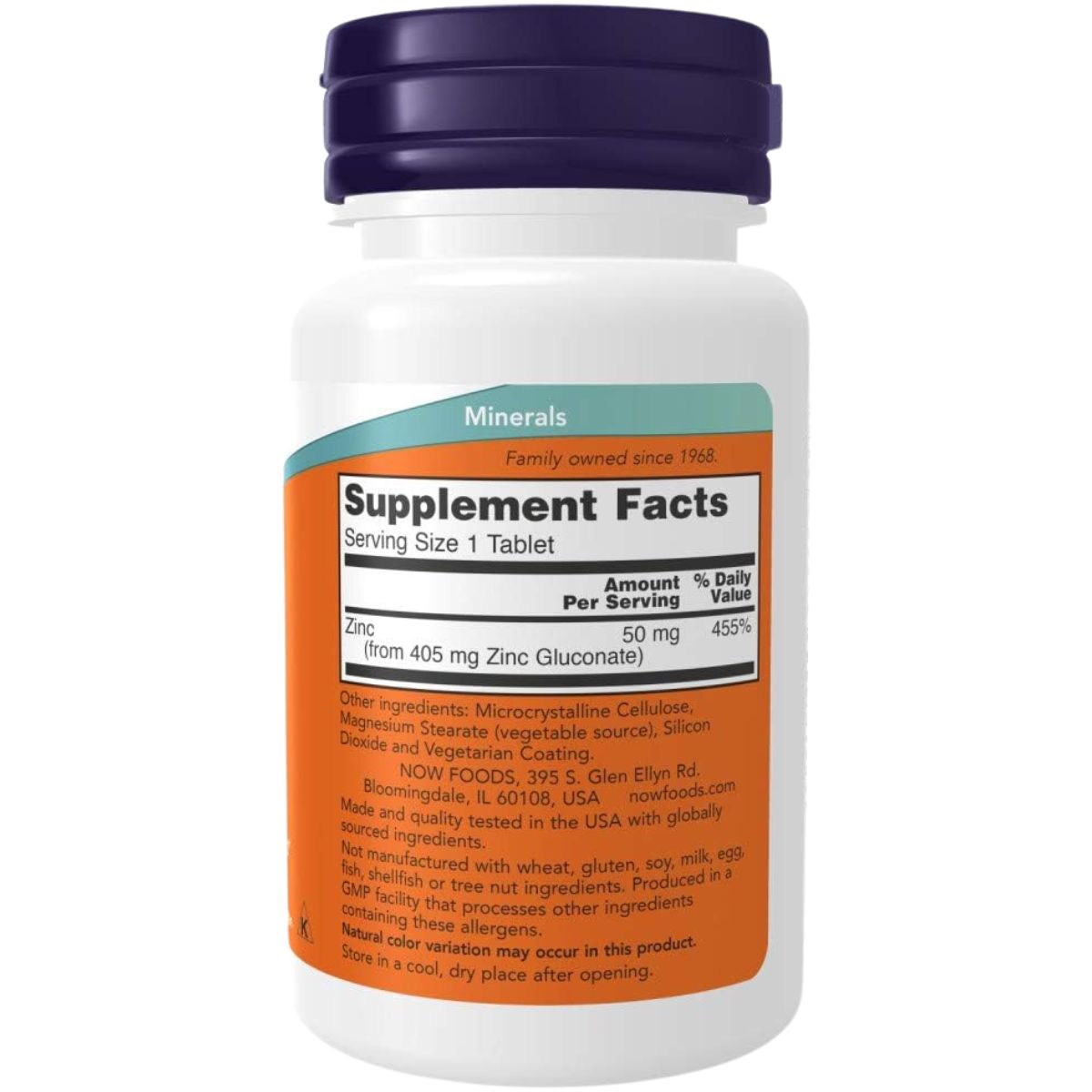NOW Foods Zinc  50 mg - 100 Tabletas - Tabla Nutricional - Haz Tu Pedido