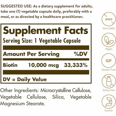 Solgar Biotin  1000 mcg - 60  Cápsulas Vegetales - Tabla Nutricional - Haz Tu Pedido