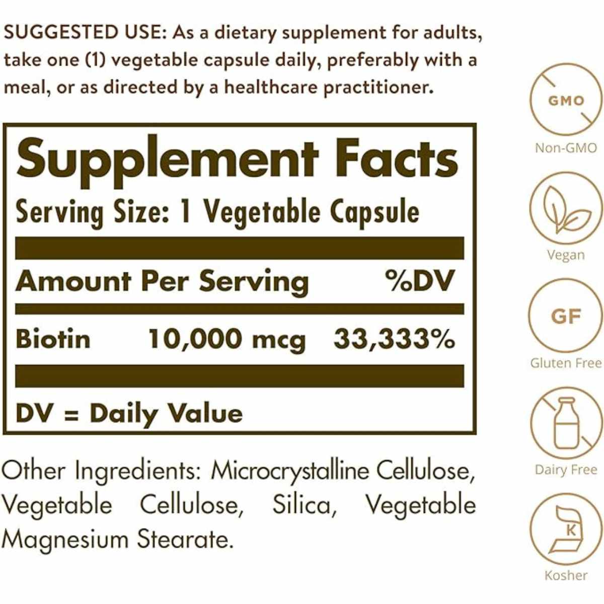 Solgar Biotina  1000 mcg - 120 Cápsulas Vegetales - Tabla Nutricional - Haz Tu Pedido
