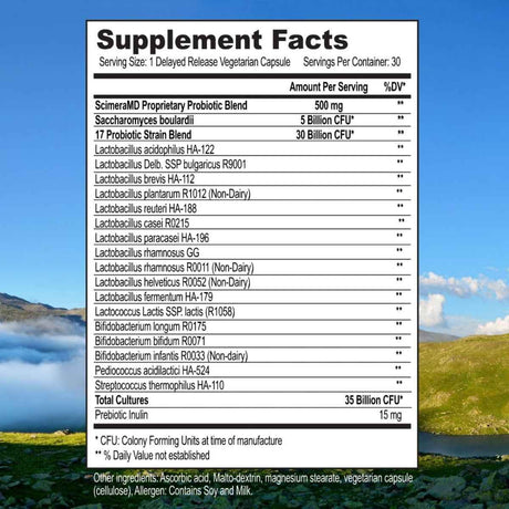 ScimeraMD AspregaMD Propac Probiótico Prebiótico Salud Digestiva 35 Mil Millones CFU - 30 Cápsulas Vegetarianas - Tabla Nutricional - Haz Tu Pedido