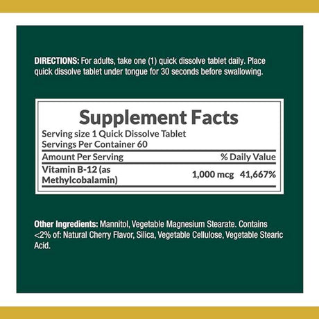 Nature’s Bounty Vitamina B-12 Metilcobalamina 1000 mcg - Sabor Cereza - 60 Tabletas de Disolución Rápida - Tabla Nutricional - Haz Tu Pedido