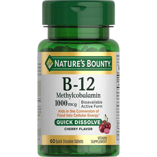 Nature’s Bounty Vitamina B-12 Metilcobalamina 1000 mcg - Sabor Cereza - 60 Tabletas de Disolución Rápida - Haz Tu Pedido