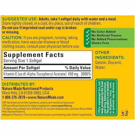 Nature Made Vitamina E 1000 UI 450 mg - 60 Cápsulas Blandas - Tabla Nutricional - Haz Tu Pedido