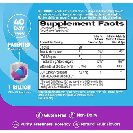 Digestive Advantage Probiótico Diario - Sabor Frutas - 80 Gomitas - Tabla Nutricional - Haz Tu Pedido