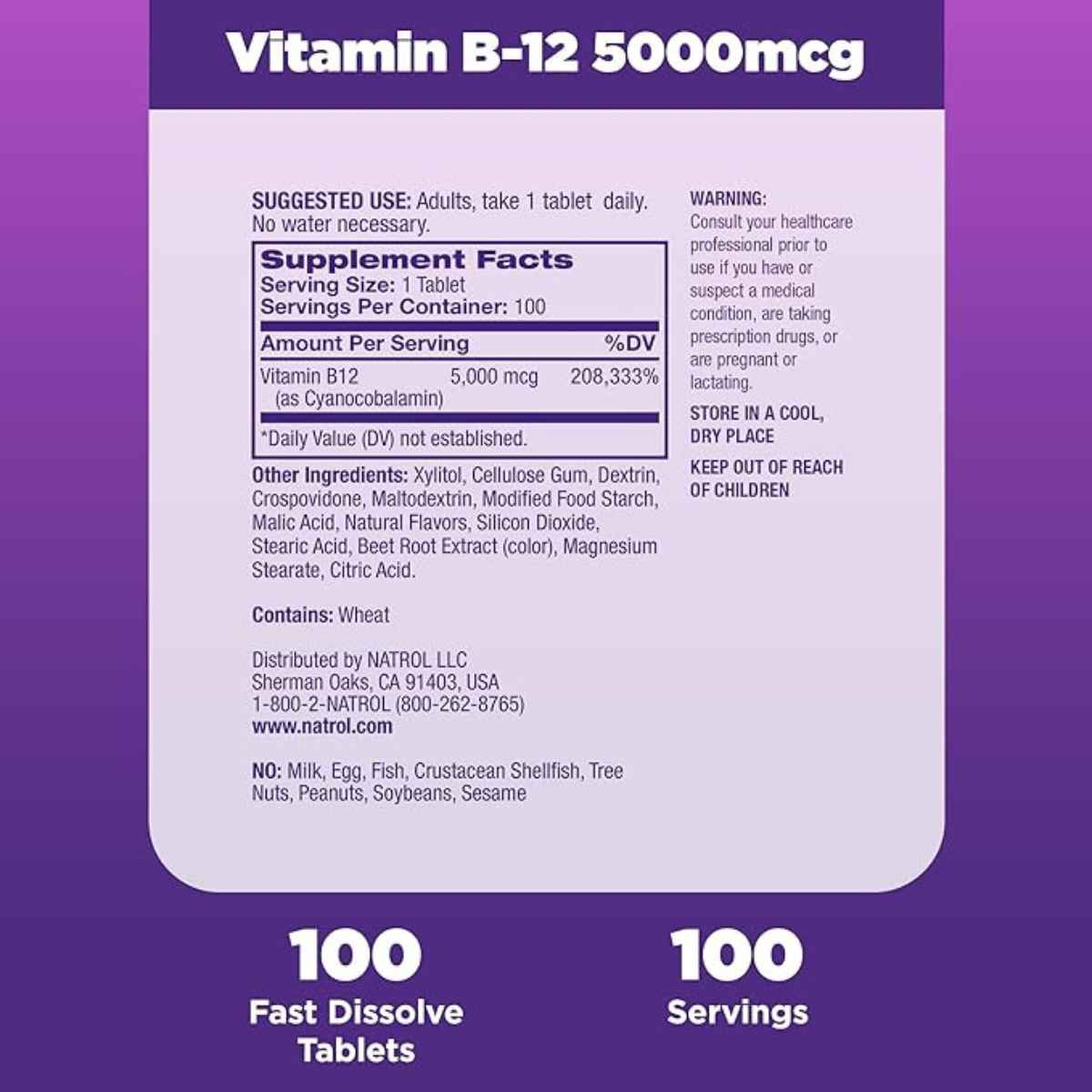 Natrol Vitamina B12 5000 mcg - Sabor Fresa - 100 Tabletas - Tabla Nutricional - Haz Tu Pedido