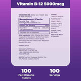 Natrol Vitamina B12 5000 mcg - Sabor Fresa - 100 Tabletas - Tabla Nutricional - Haz Tu Pedido