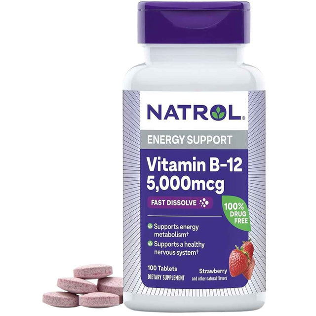 Natrol Vitamina B12 5000 mcg - Sabor Fresa - 100 Tabletas - Haz Tu Pedido