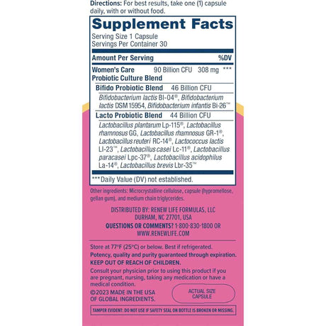 Renew Life Probiótico Cuidado Femenino Integral 90 Mil Millones CFU - 30 Cápsulas Vegetarianas - Tabla Nutricional - Haz Tu Pedido
