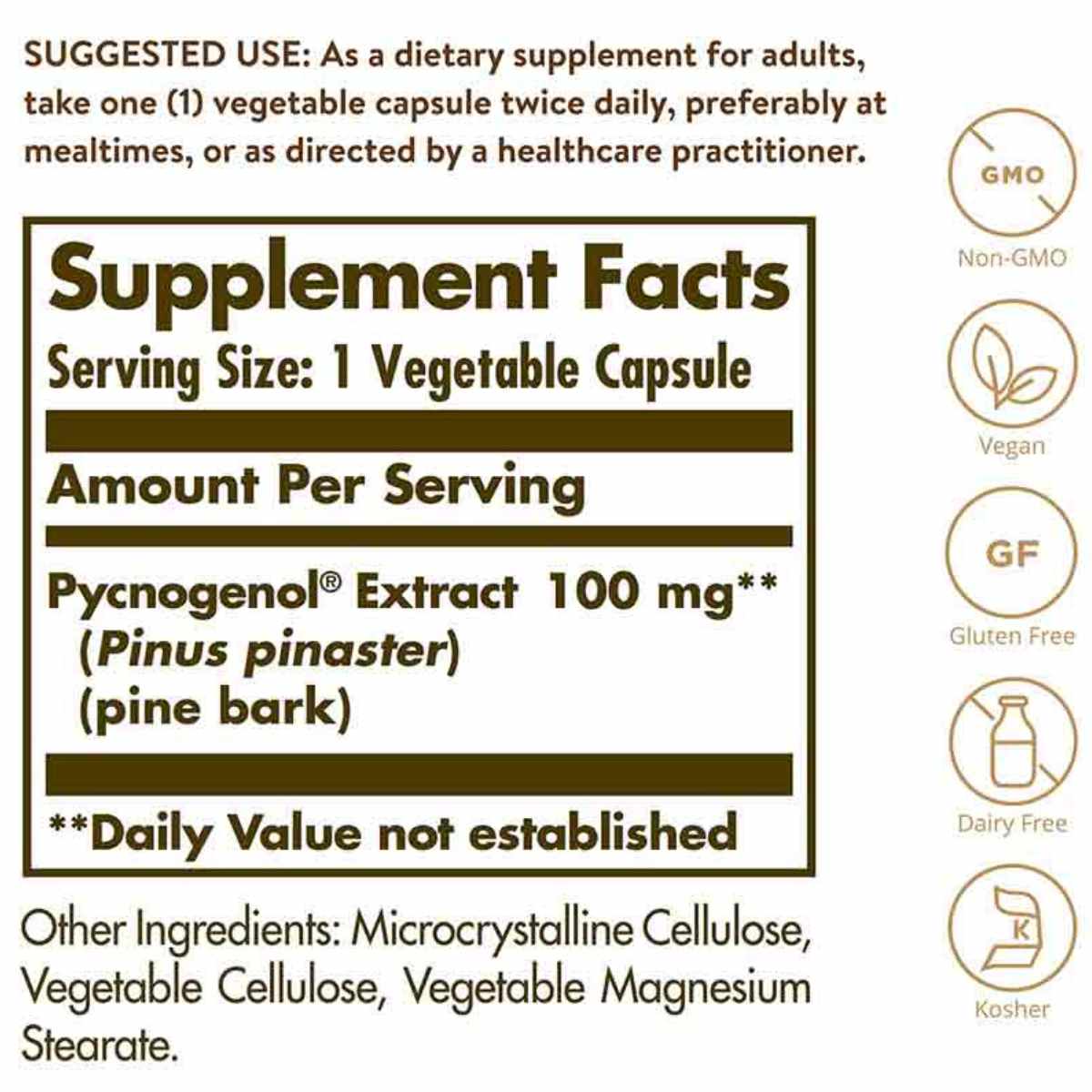Solgar Pycnogenol  100 mg - 30 Cápsulas Vegetales - Tabla Nutricional - Haz Tu Pedido