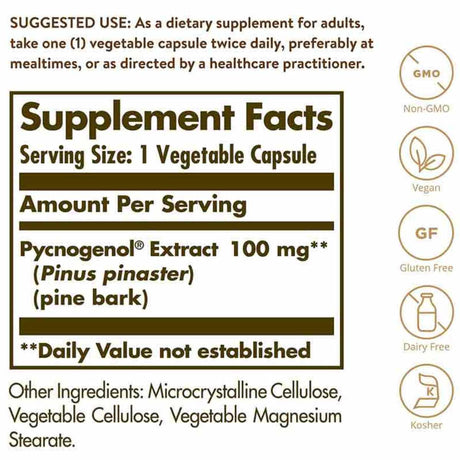 Solgar Pycnogenol  100 mg - 30 Cápsulas Vegetales - Tabla Nutricional - Haz Tu Pedido
