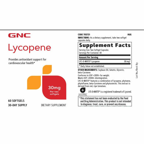 GNC Licopeno  30 mg - 60 Cápsulas Blandas - Tabla Nutricional - Haz Tu Pedido