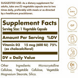 Solgar Vitamina D3 (Colecalciferol) 15 mcg 600 IU - 120 Cápsulas Vegetarianas - Tabla Nutricional - Haz Tu Pedido