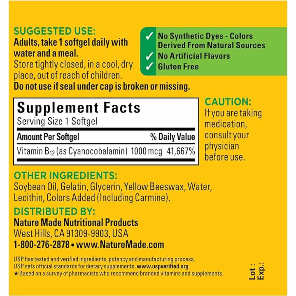 Nature Made Vitamina B12 1000 mcg - 150 Cápsulas Blandas - Tabla Nutricional - Haz Tu Pedido