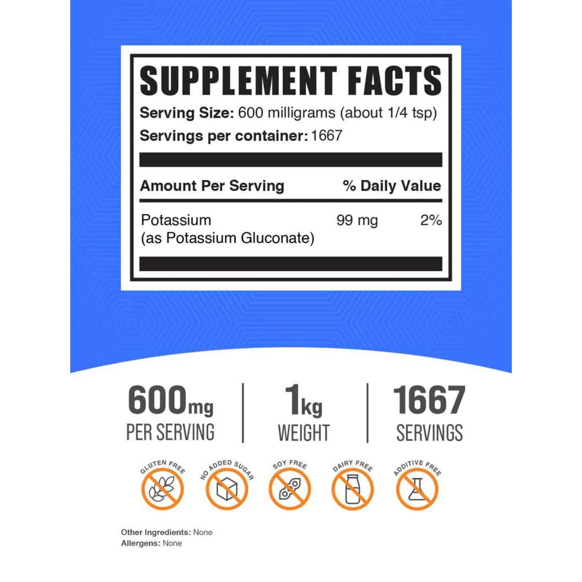 BulkSupplements.com Polvo de gluconato de potasio 600 mg - 250 g - Tabla Nutricional - Haz Tu Pedido
