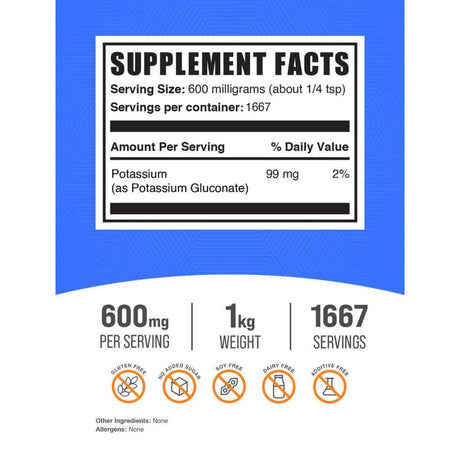 BulkSupplements.com Polvo de gluconato de potasio 600 mg - 250 g - Tabla Nutricional - Haz Tu Pedido