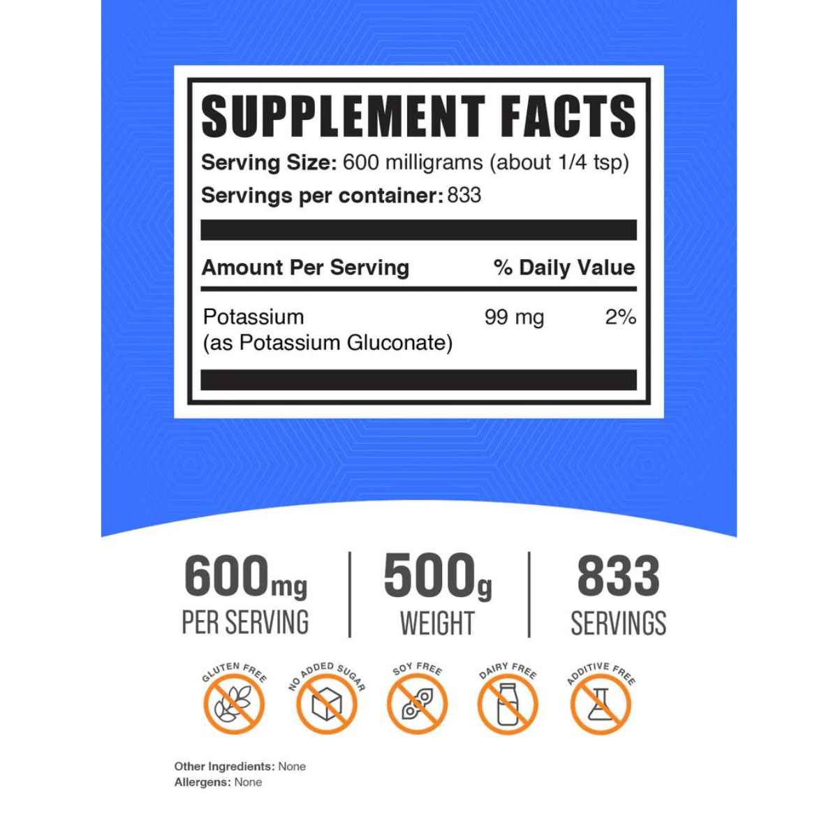 BulkSupplements.com Polvo de Gluconato de Potasio 600 mg - 500 g - Haz Tu Pedido - Tabla Nutricional