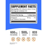 BulkSupplements.com Polvo de Gluconato de Potasio 600 mg - 500 g - Haz Tu Pedido - Tabla Nutricional