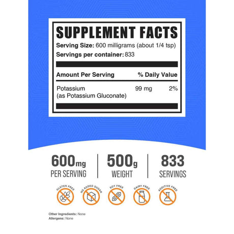 BulkSupplements.com Polvo de Gluconato de Potasio 600 mg - 500 g - Haz Tu Pedido - Tabla Nutricional