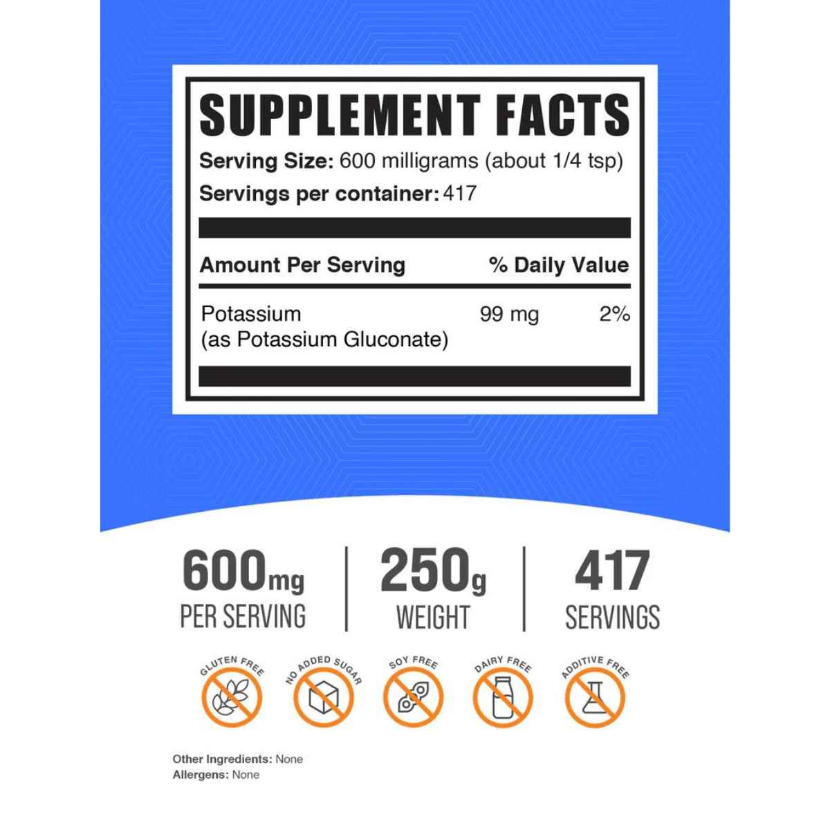 BulkSupplements.com Polvo de gluconato de potasio 600 mg - 250 g - Tabla Nutricional - Haz Tu Pedido