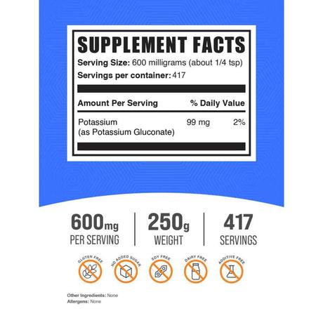 BulkSupplements.com Polvo de gluconato de potasio 600 mg - 250 g - Tabla Nutricional - Haz Tu Pedido