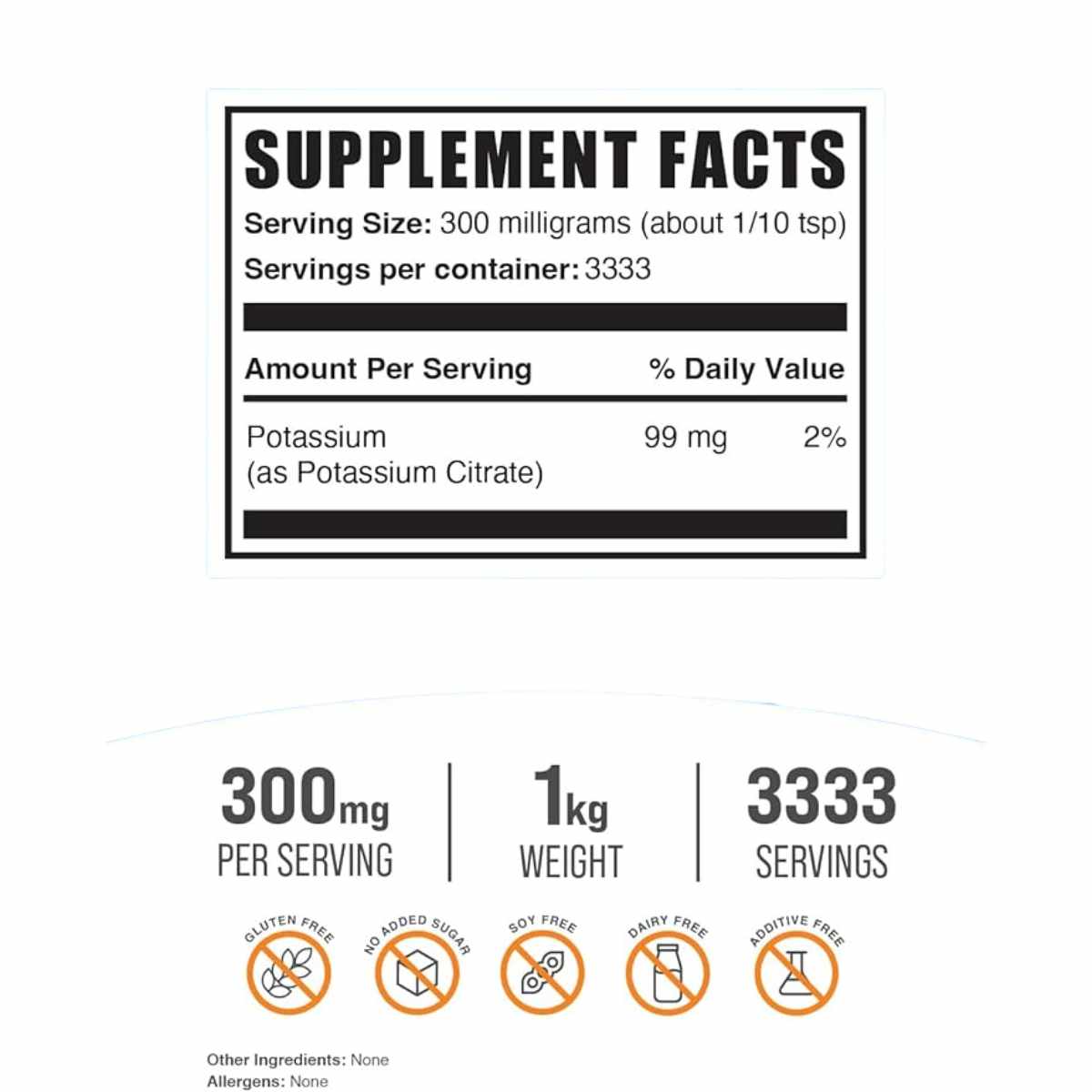 BulkSupplements.com Citrato De Potasio 300 mg - 1000  - Tabla Nutricional - Haz Tu Pedido