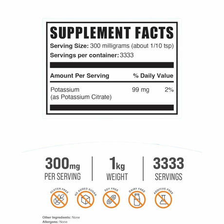 BulkSupplements.com Citrato De Potasio 300 mg - 1000  - Tabla Nutricional - Haz Tu Pedido