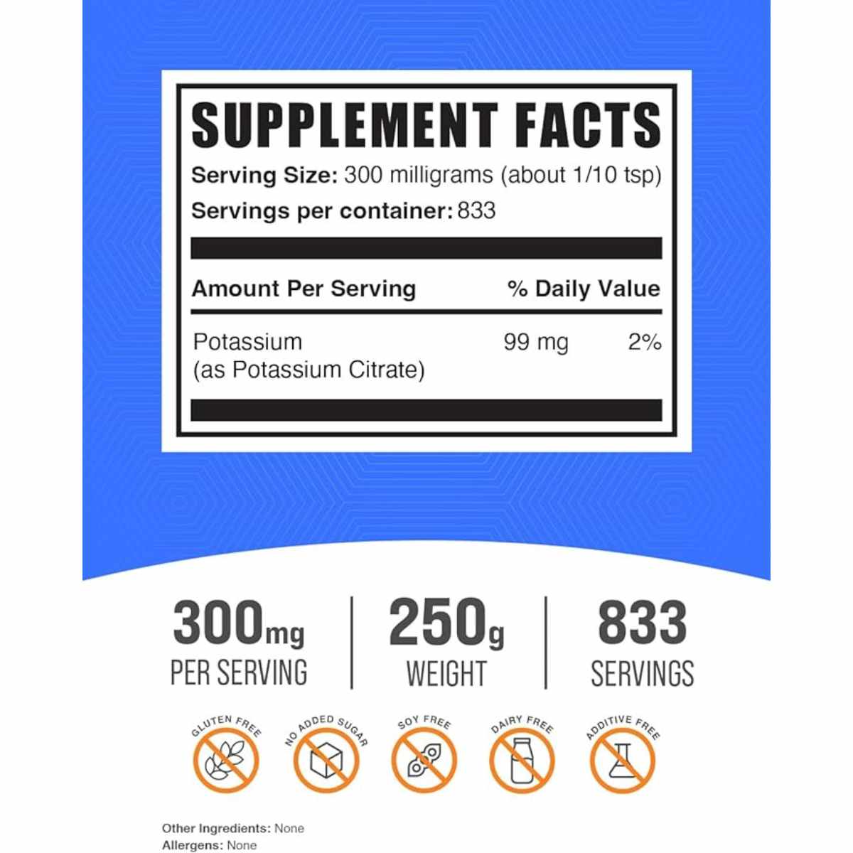 BulkSupplements.com Citrato De Potasio 300 mg - 250 g - Tabla Nutricional - Haz Tu Pedido