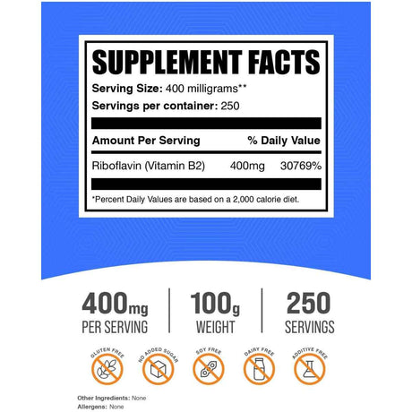 BulkSupplements.com Riboflavina Vitamina B2 400 mg - 100 g - Tabla Nutricional - Haz Tu Pedido
