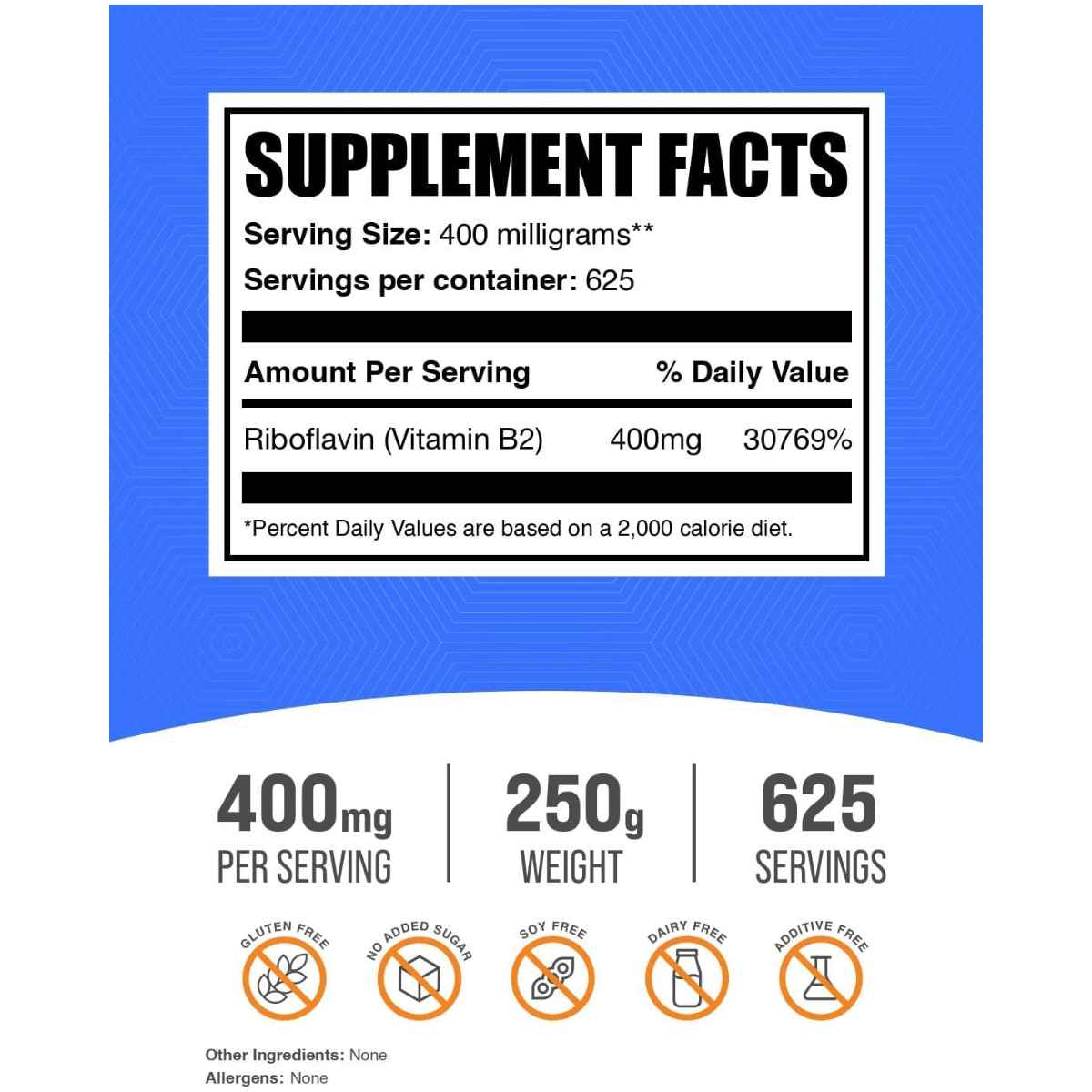 BulkSupplements.com Riboflavina Vitamina B2 400 mg - 250 g - Tabla Nutricional - Haz Tu Pedido
