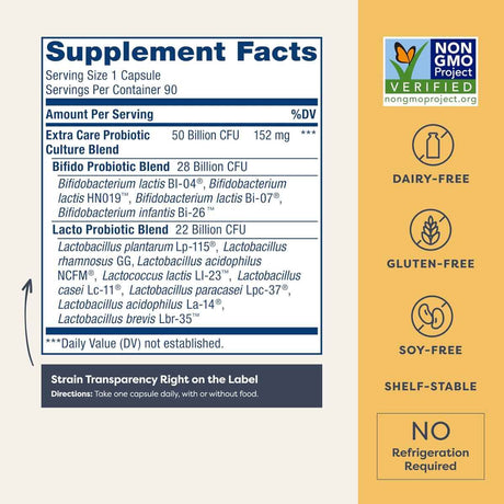 Renew Life Extra Care Digestive Probiotico 50 Mil Millones CFU - 90 Cápsulas Vegetarianas - Tabla Nutricional - Haz Tu Pedido