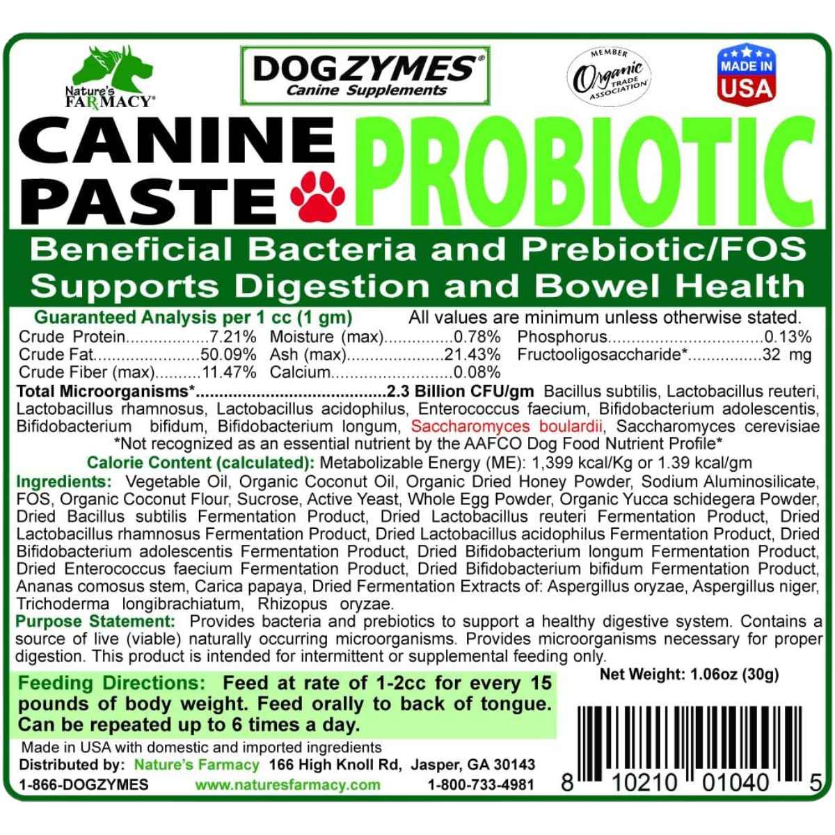 Nature's Farmacy Dogzymes Probiótico para Caninos  - 30 g - Tabla Nutricional - Haz Tu Pedido