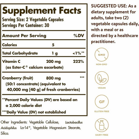 Solgar Arándano  - 60  Cápsulas Vegetales - Tabla Nutricional - Haz Tu Pedido