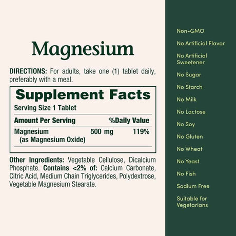 Nature’s Bounty Magnesio 500 mg - 200 Tabletas Recubiertas - Tabla Nutricional - Haz Tu Pedido