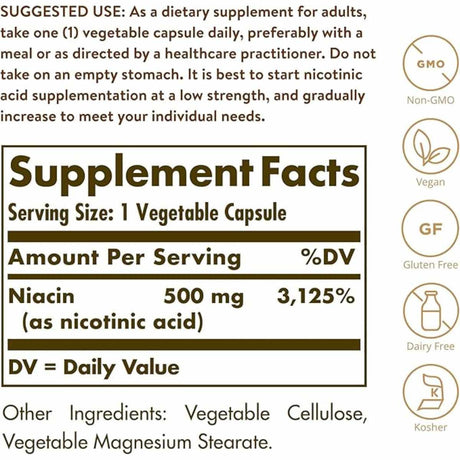 Solgar Niacina (Vitamina B3) 500 mg - 100 Cápsulas Vegetales - Tabla Nutricional - Haz Tu Pedido