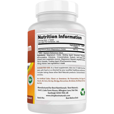 Best Naturals Óxido de Magnesio 500 mg - 180 Tabletas - Tabla Nutricional - Haz Tu Pedido