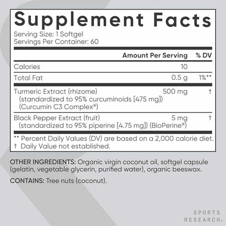 Sports Research Complejo de Cúrcuma - 60 Cápsulas Blandas - Tabla Nutricional - Haz Tu Pedido