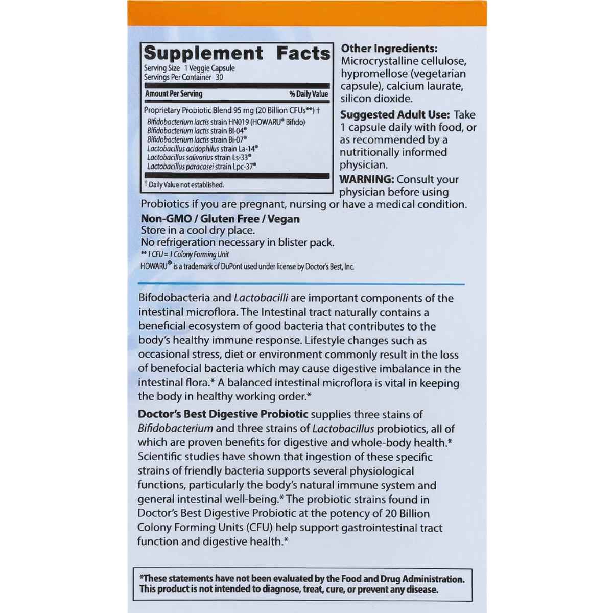 Doctor’s Best Probiótico Digestivo con Cepas Avanzadas 20 Mil Millones CFU - 30 Cápsulas Vegetales - Tabla Nutricional - Haz Tu Pedido
