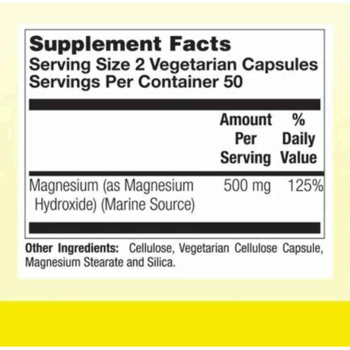 Nature's Life Magnesio Marino 500 mg - 100 Cápsulas Vegetarianas - Tabla Nutricional - Haz Tu Pedido