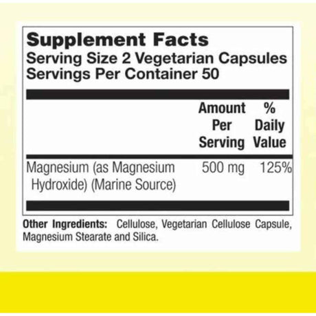Nature's Life Magnesio Marino 500 mg - 100 Cápsulas Vegetarianas - Tabla Nutricional - Haz Tu Pedido